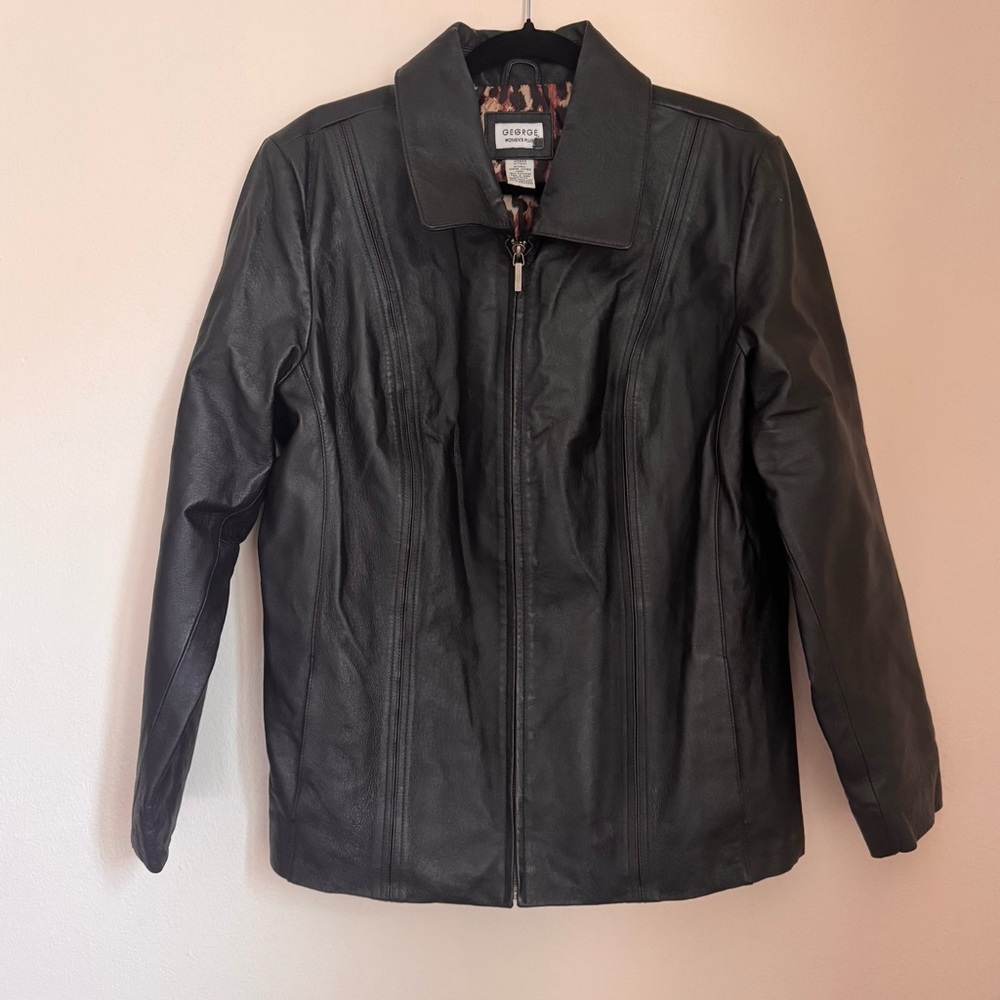 George Women's Black Leather Jacket with Cheetah Print Lining 1X EUC
